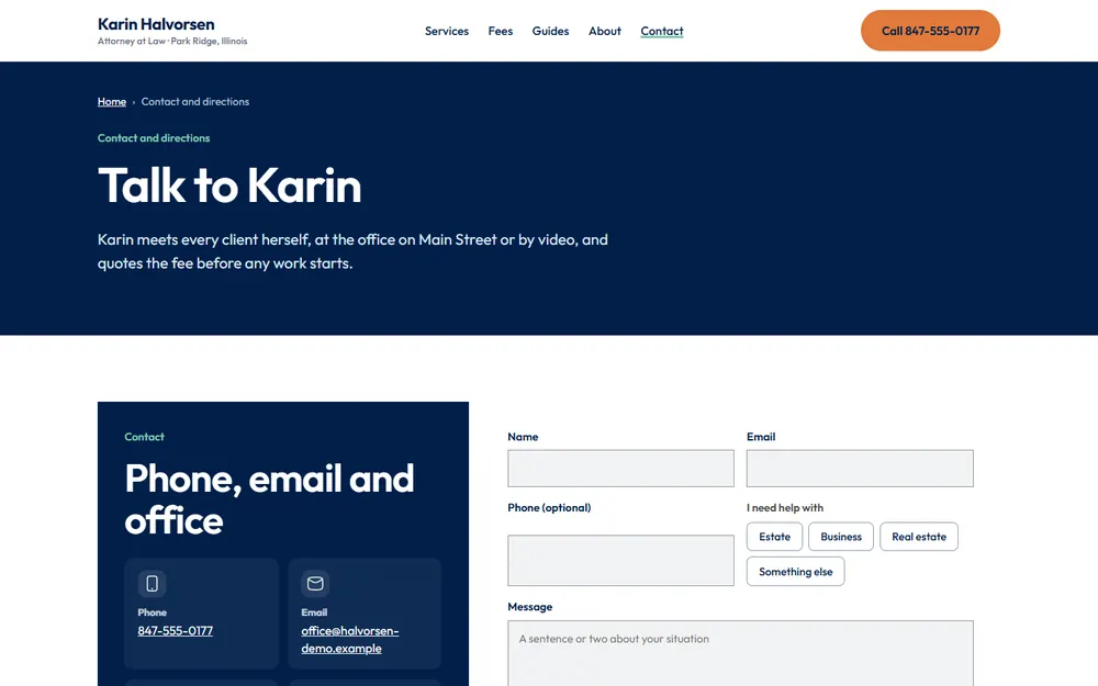 Halvorsen Law: Contact and directions page on a desktop