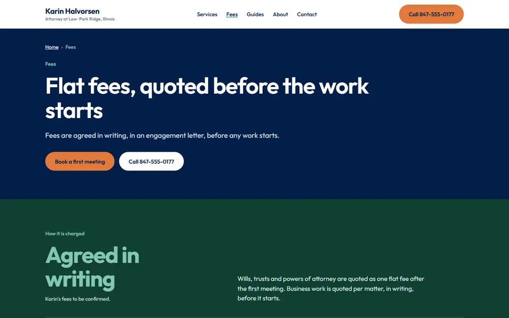 Halvorsen Law: Fees page on a desktop