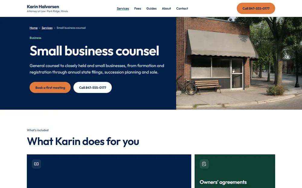 Halvorsen Law: Small business page on a desktop