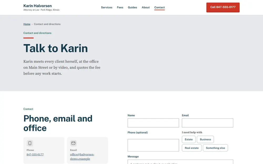 Halvorsen Law: Contact and directions page on a desktop
