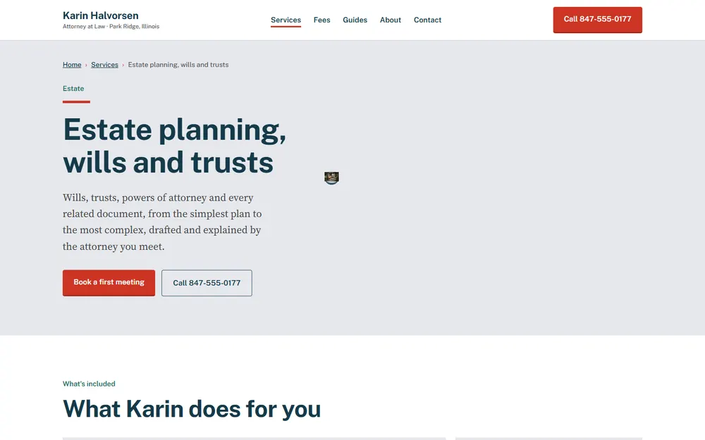 Halvorsen Law: Estate planning page on a desktop