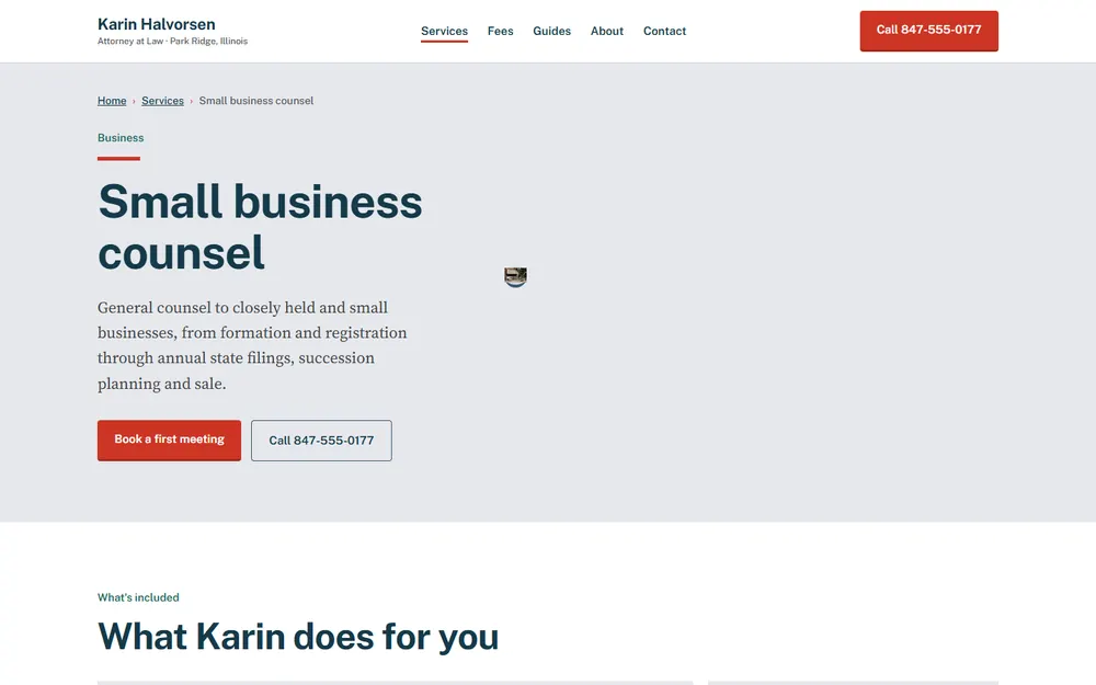 Halvorsen Law: Small business page on a desktop