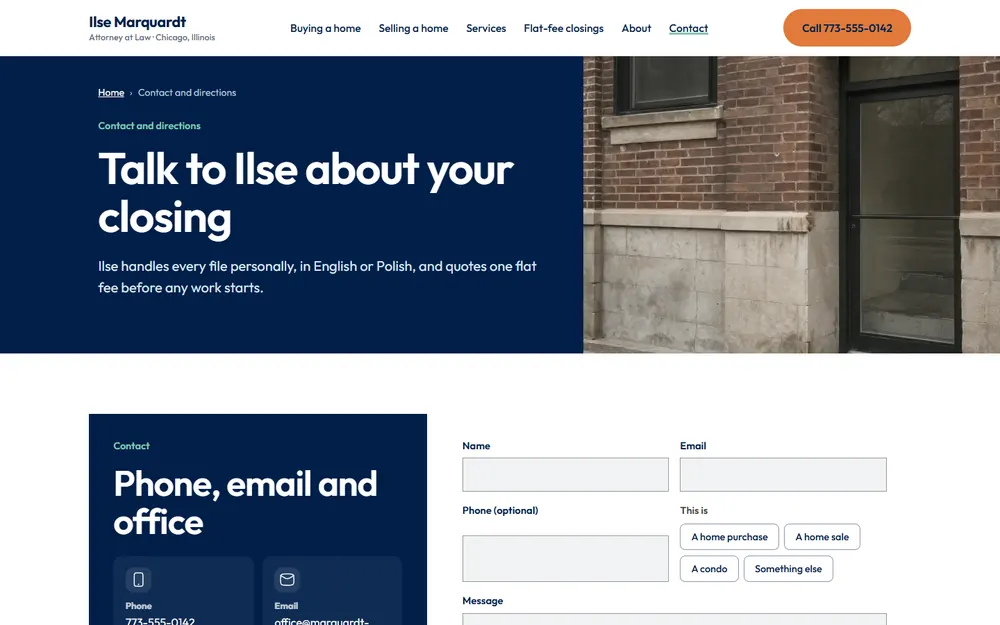 Ilse Marquardt, Attorney at Law: Contact and directions page on a desktop