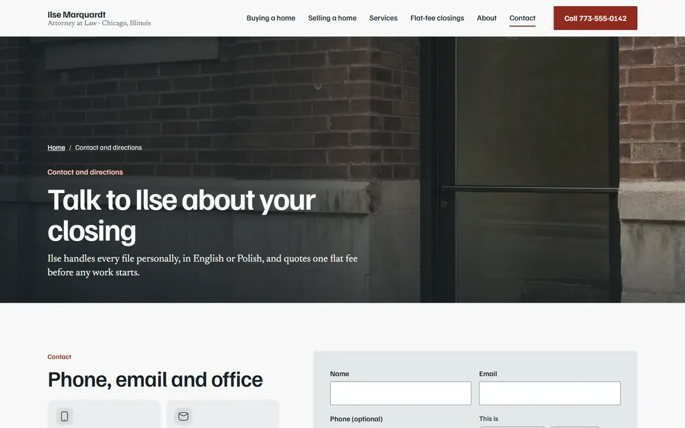 Ilse Marquardt, Attorney at Law: Contact and directions page on a desktop