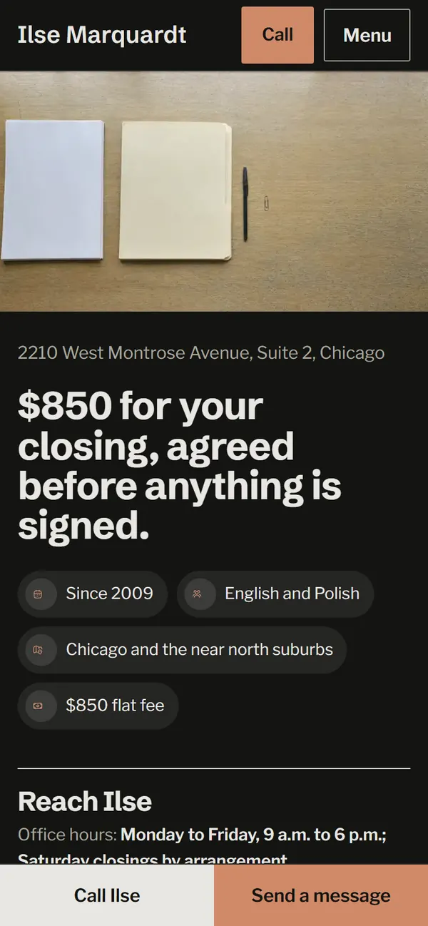 Ilse Marquardt, Attorney at Law: Home page on a phone