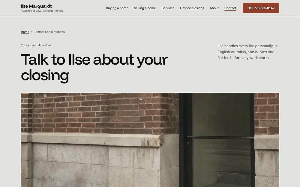 Ilse Marquardt, Attorney at Law: Contact and directions page on a desktop